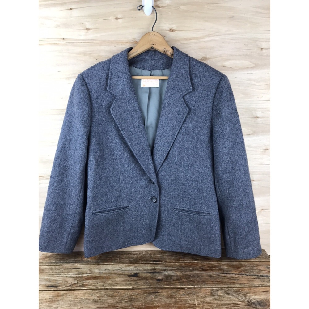 VINTAGE Pendleton Blazer Womens Gray Wool Twill Tweed Jacket Made in USA M/L